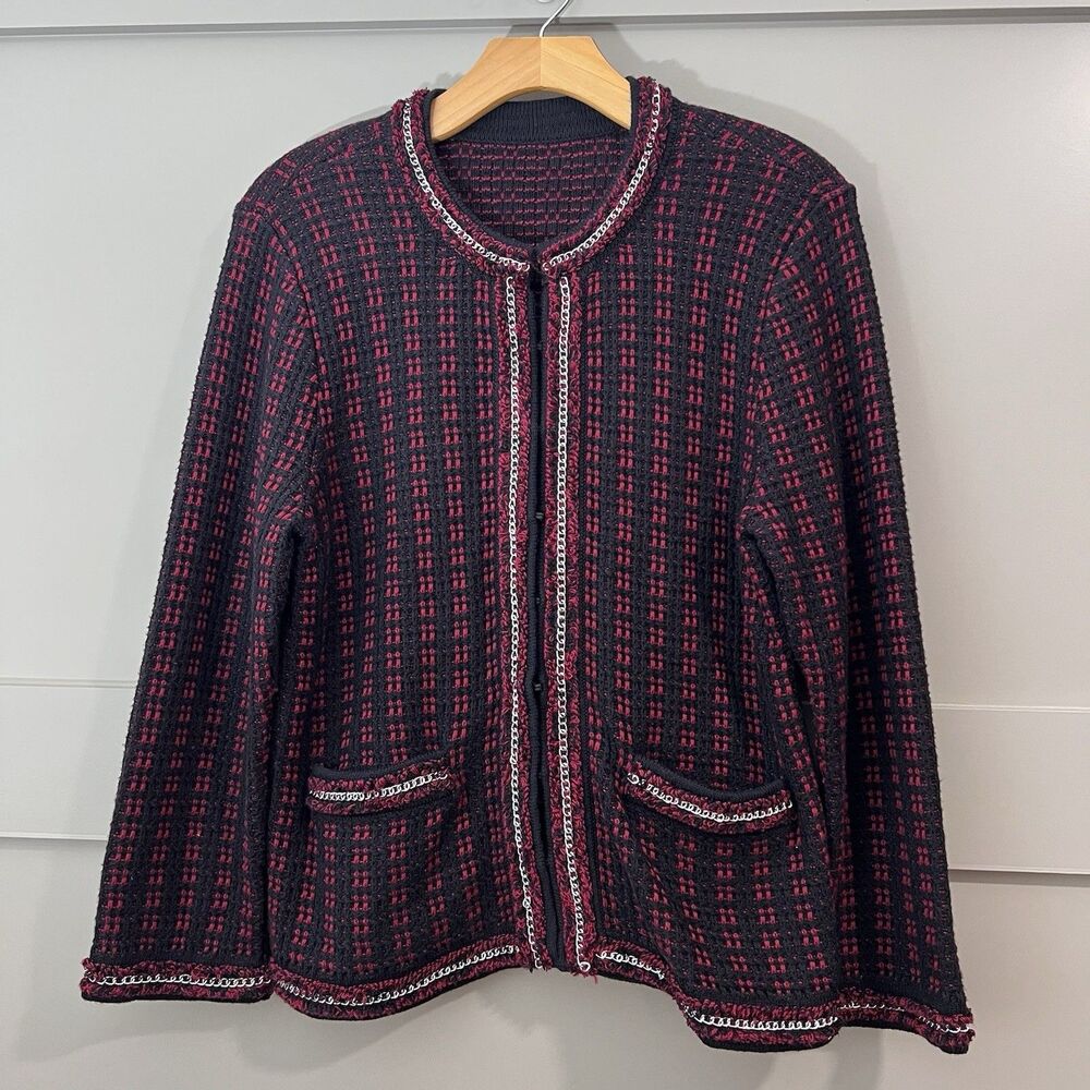 Alice + Olivia Georgia Knit Tweed Blazer Jacket Women Sz. Small‎ Red Black Chain